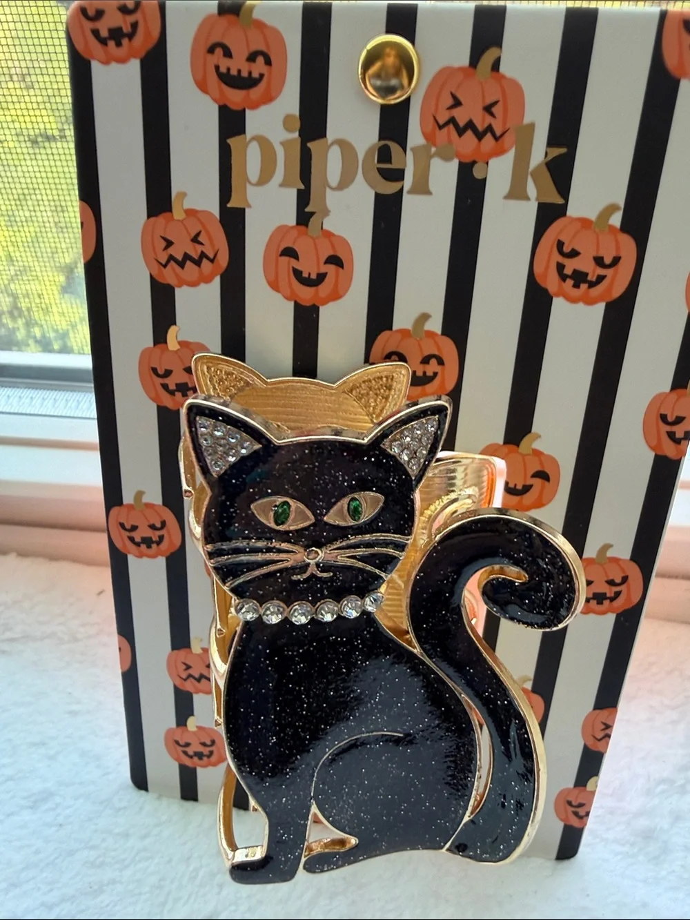 Piper Black Glitter Cat Hair Clip with Gold Accents and Rhinestones